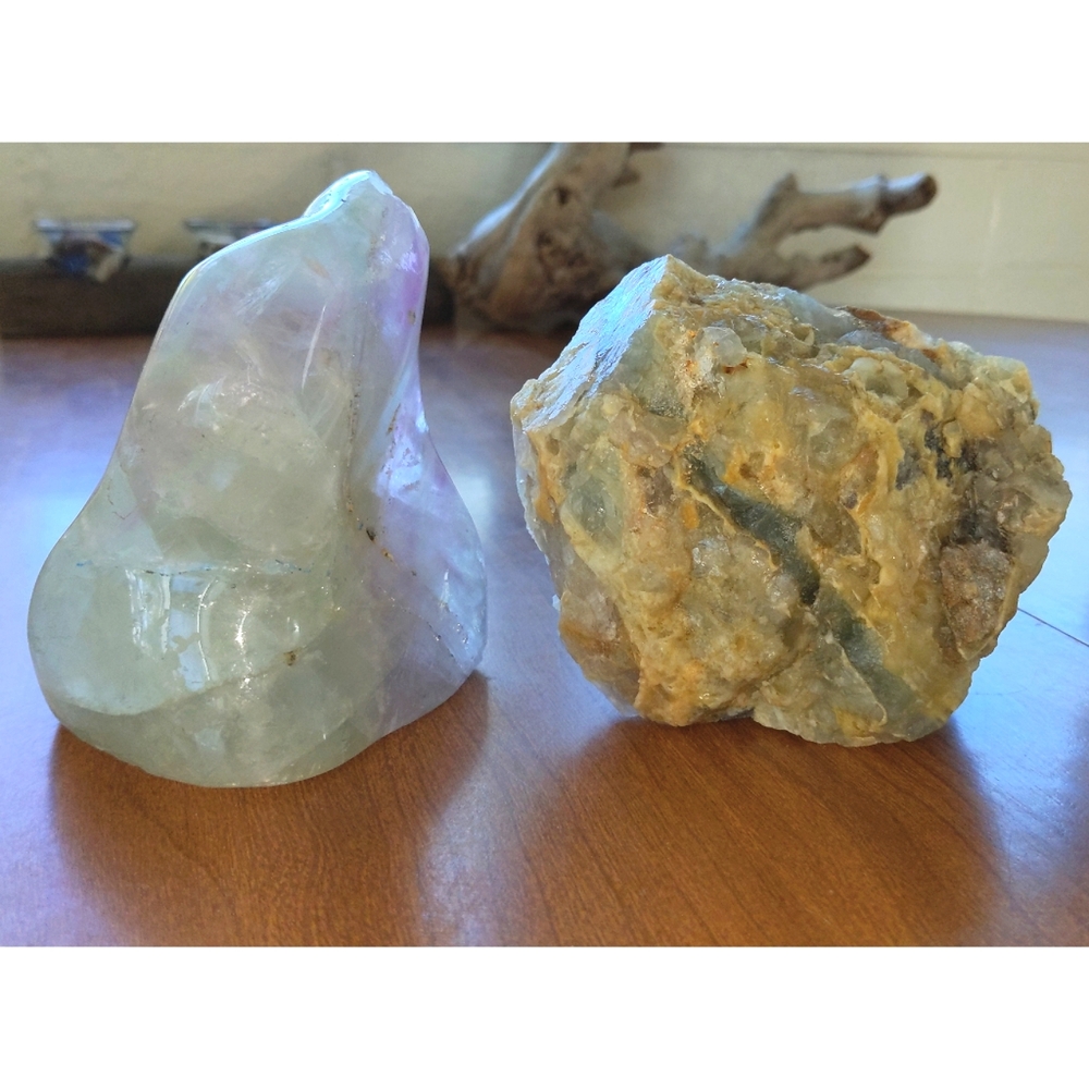Set of 2 Fluorite crystals, Carved Flame & natural specimen 4.5lb